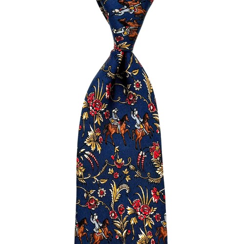 Salvatore Ferragamo blaue Krawatte - Reiter Blumenmotiv italienische Seidenkrawatte - Bild 2 von 10