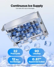 VEVOR 90 lb/Day Ice Maker, 12 lb Storage, Stainless Steel, Self-Cleaning