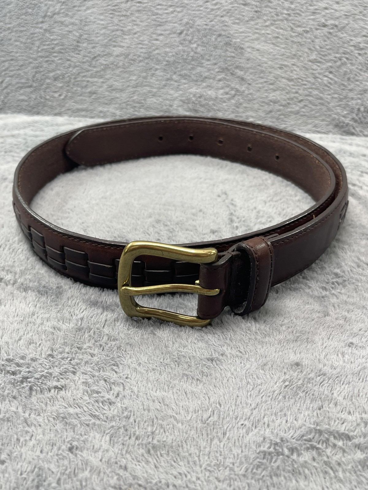 Leather Belt Mens 34 Brown Dress Braided Genuine Leather Solid Brass Buckle-image