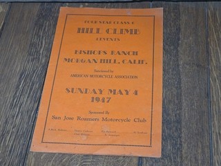 Vintage San Jose Roamers Motorcycle Hill Climb Program Competitor Sheet 1947