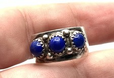 Navajo Native Sterling Silver Lapis Lazuli 3 Stone Wide Band Ring  Sz. 5.25