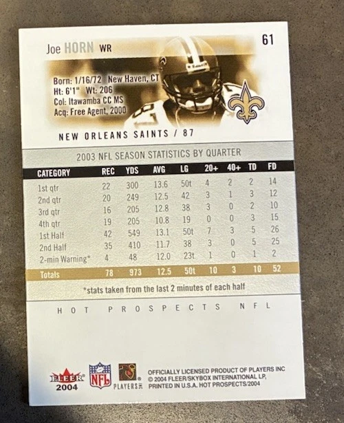 2004 Fleer Hot Prospects Football #61 Joe Horn NFL New Orleans Saints - Image 2 of 2