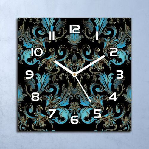Horloge Murale En Verre 30x30 Baroque damassé floral bleu et or noir photo - Photo 1/6