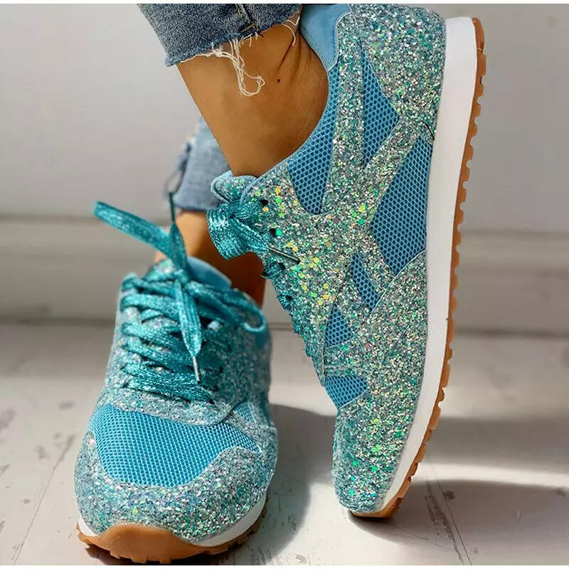 Women's Casual Breathable Crystal Bling Lace Up Sport Shoes Sneakers Glitter  Tennis Sneakers Comfy Sparkly Rhinestone Bling Running Shoes Shiny Sequin  Flat Heel Shoes 