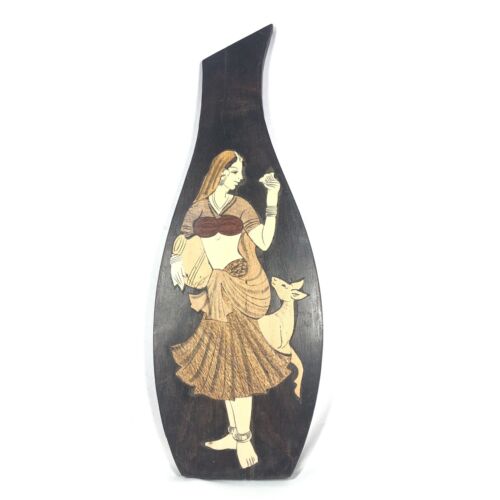 Inlaid Wood Art Radha Krishna Woman W/ Animal The Lovers India Wall Hanging 14” - Picture 2 of 8