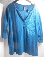 Gitano Vtg Teal V-Neck Knit Floral Design 3/4 Length Sleeve Sweater Size 26/28W