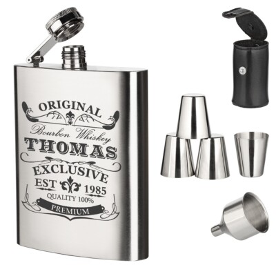 7-tlg. Edelstahl Flachmann Set mit Gravur - drink trinken outdoor camping mann