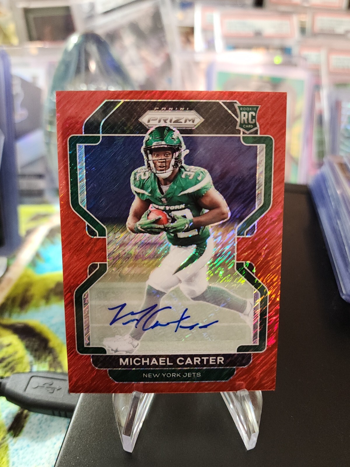 2021 Prizm Red Shimmer Prizm #365 Michael Carter /35 Rookie Auto FOTL