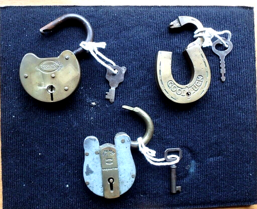 Final Reduction - (3) Antique Padlock Locks, w/keys , Corbin, Barnes, Nice.
