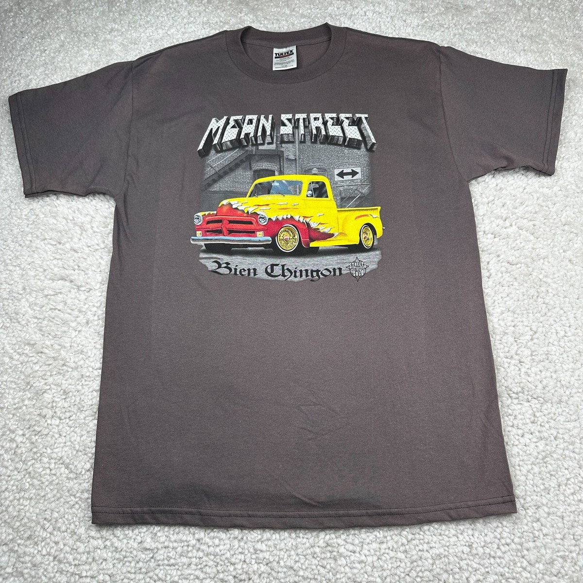 Vintage Truck Shirt Mens Large Gray Tultex 90s Flames Mean