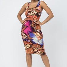 Womens 1X Plus Animal Print Vibrant Butterfly Print Bodycon Dress
