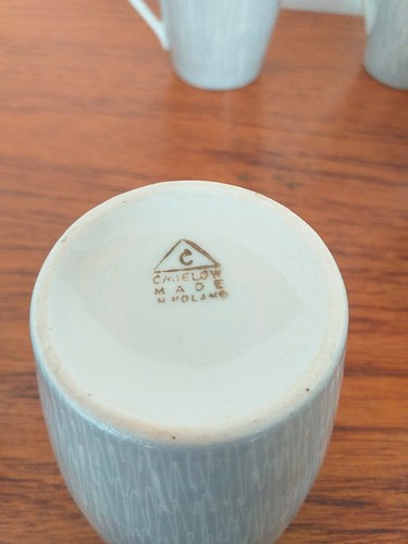 Cmielow Poland Coffee Cups x6 + Milk Jug & Sugar bowl 1960s GREY/WHITE FLECKS - Picture 6 of 12