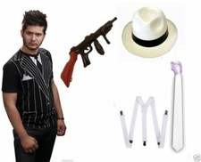 NEW GANGSTER WHITE HAT TIE BRACES T SHIRT SET TRILBY AL CAPONE 1920 FANCY DRESS