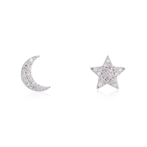 Solid 14K Gold Stud Earrings Star Moon Shape Natural Diamond Women's Jewelry - Picture 3 of 17