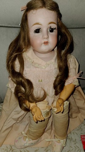 Antique Kestner Doll 24" Dep 752.73 Bisque Head/ Leather Body BJ ARMS Brown Eyes - Picture 6 of 15