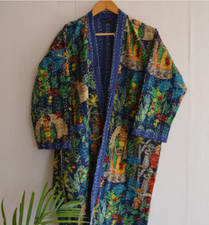 Indian Vintage Cotton Kantha Handmade Robe Women Bath Robe Kimono Floral Jacket