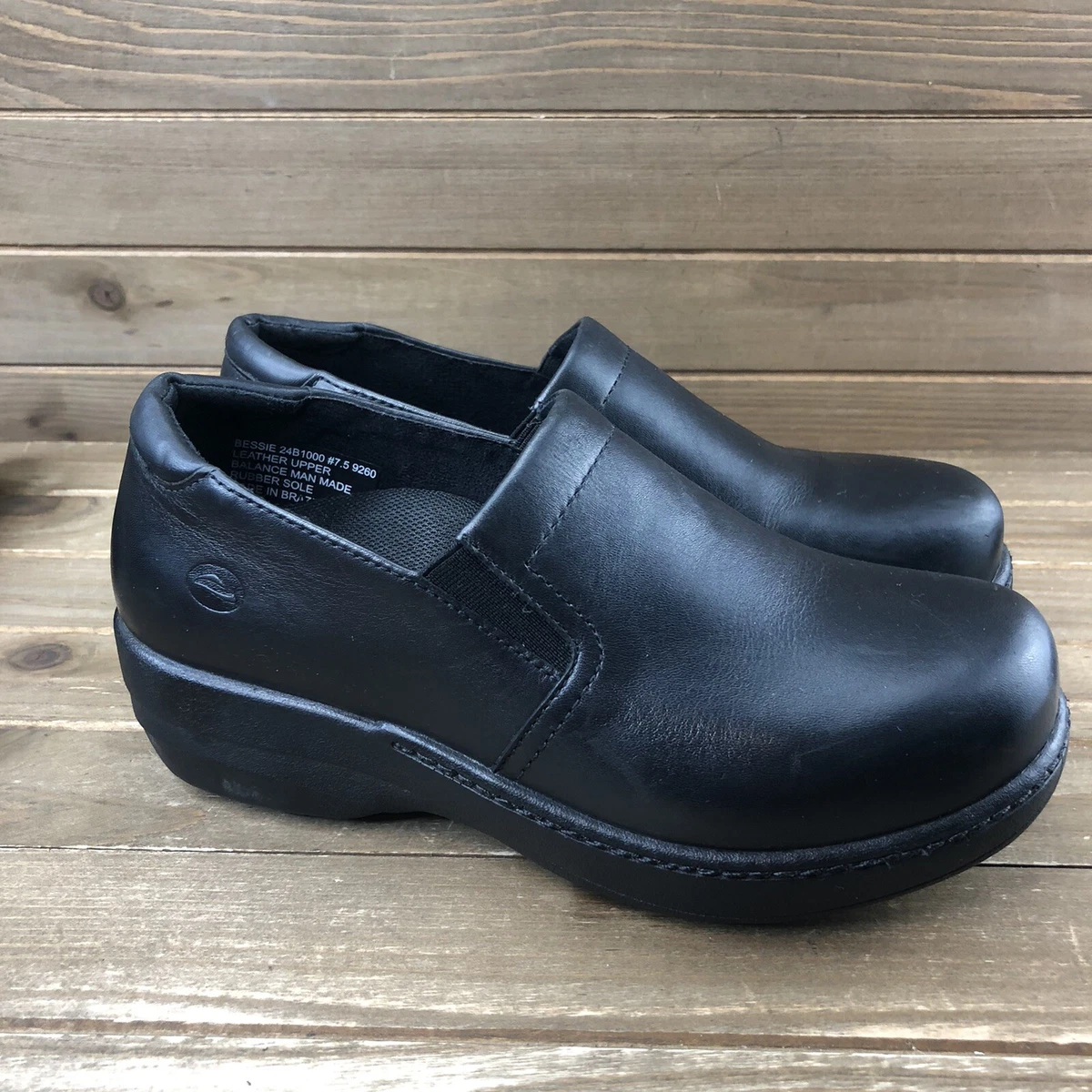 Abeo Bessie SureGrip Black Leather Comfort Nursing Clogs Women Sz 7.5