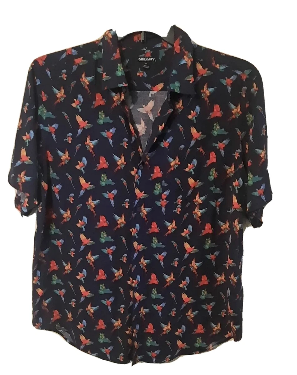 Mix & NY Men Navy Blue Parrot Motif Rayon Collar Shirt Button Up Short Slv. MED.