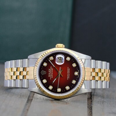Rolex Mens Datejust 16233 Two-Tone Red Vignette Dial Watch w