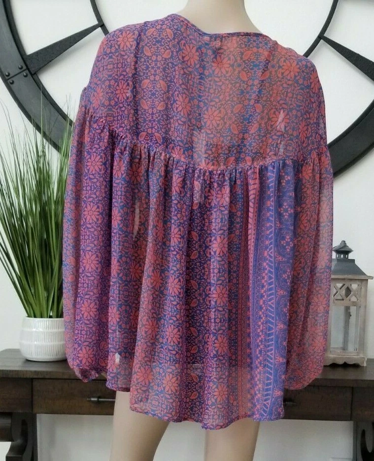 Kut From The Kloth Women's Floral Geometric Blue/Coral Blouse Size S - Image 3 of 4