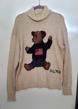 Rare Vintage Polo Ralph Lauren 1992 Sit Down Bear Turtleneck Sweater L
