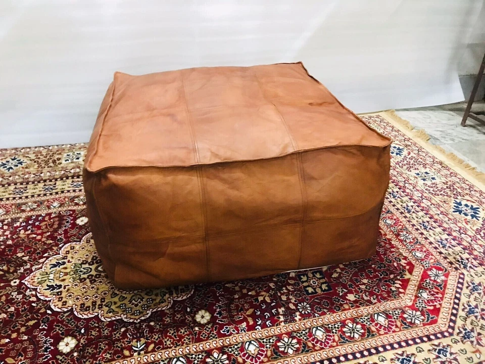 Ottoman Unstuffed Boho Handmade Square 30'' Moroccan Leather Genuine New Brown - Image 4 of 4