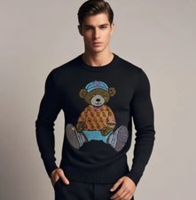 Maglione Uomo Lusso Orso Diamante Strass Moda Maglia Nero Nuovo