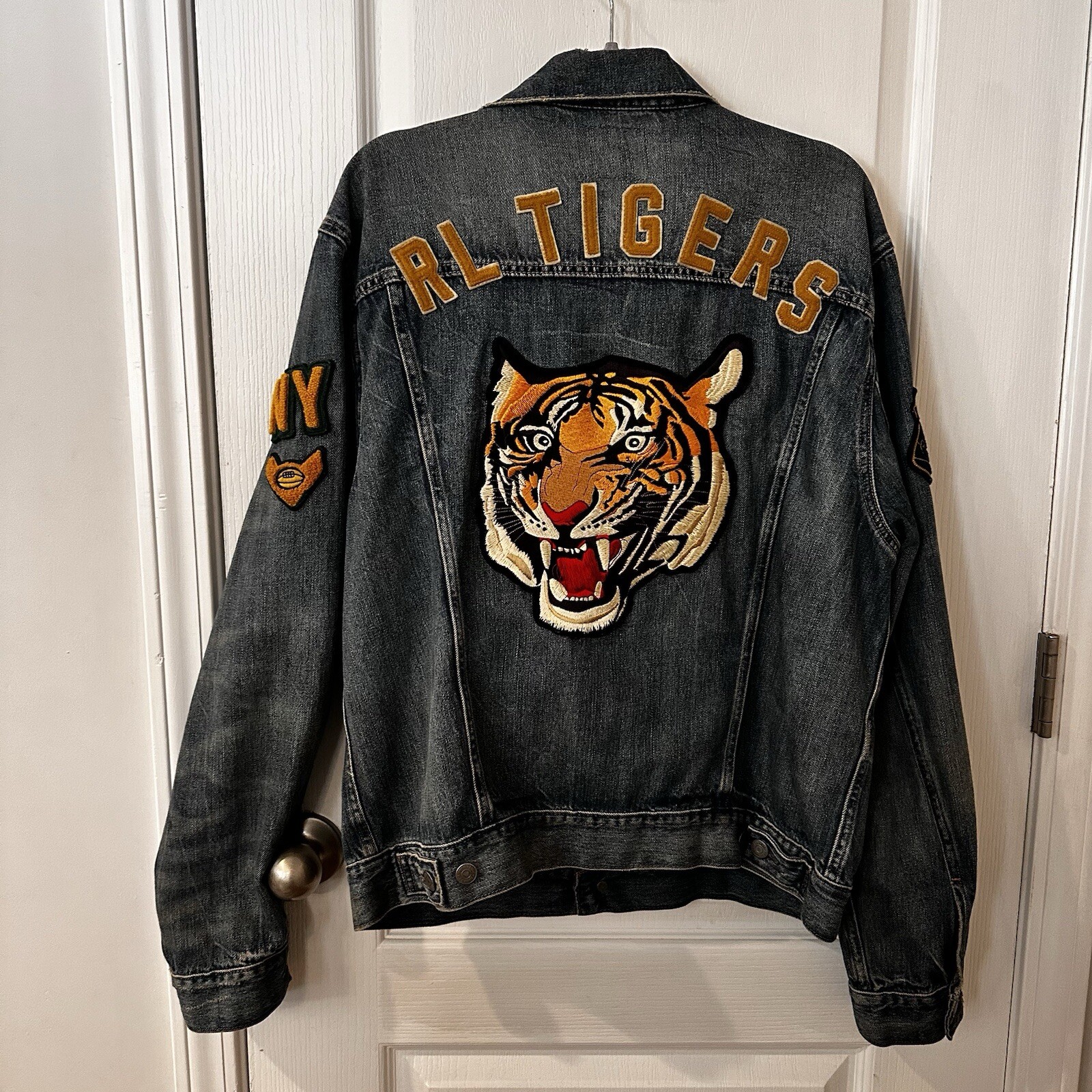 Polo Ralph Lauren Denim Embroidered Varsity Jacket RL Tigers 1967 Sz L/G