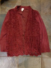 CHICO'S LACE TRIM JACKET IN BURGUNDY/WINE SIZE 2  NWOT