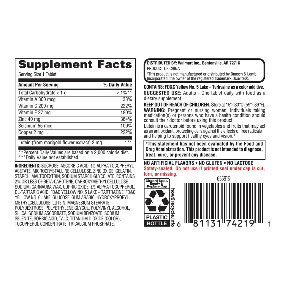 Equate Vision Formula con Luteína, Salud Ocular y Apoyo a la Visión Comprimidos 240 Ct Foto 2 de 4