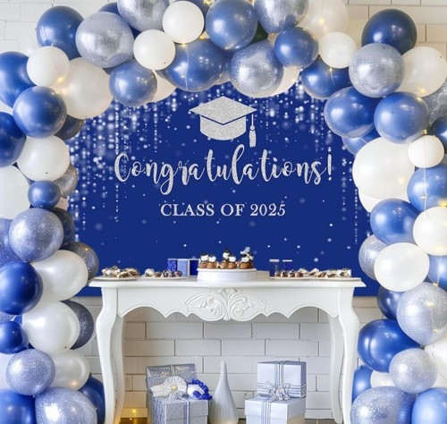 Blue and Sliver Graduation Backdrop Congratulations Class of 2025 Photography Ba - Picture 2 of 19