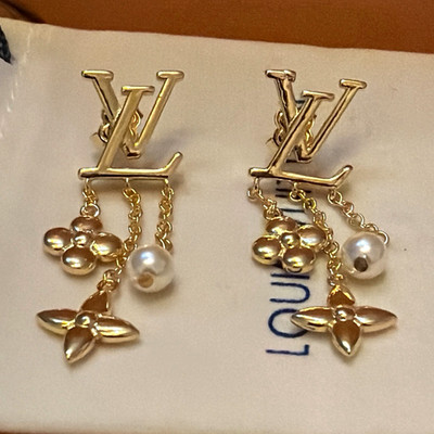 Louis Vuitton LV Logo Gold Tone Dangle/Drop Earrings White Pearl Flower Signed
