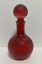 Vintage 9.5" Ruby Red Genie Bottle Diamond Point Cut Glass Decanter w/ Stopper