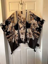 Vince Camuto Black Cream Floral Kimono Wrap Open Front Boho Cover Up One Size