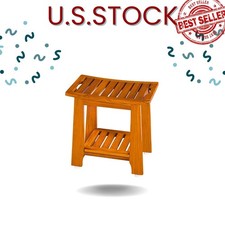 14" Compact Teak Shower Stool with Shelf  Handle Waterproof Non-Slip Bath Bench