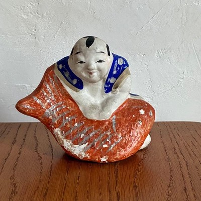 Clay Doll Sea Bream Holding Old Work Craftss Lucky Charms Pottery Figurine K