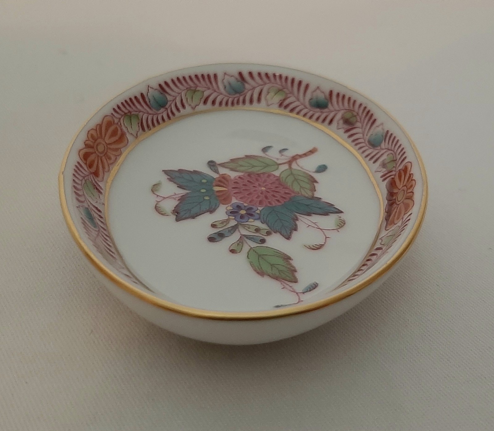 Herend Hungary Small Multicolor Flower Trinket Pin Dish  3” x 2-1/2” x 1/2” 
