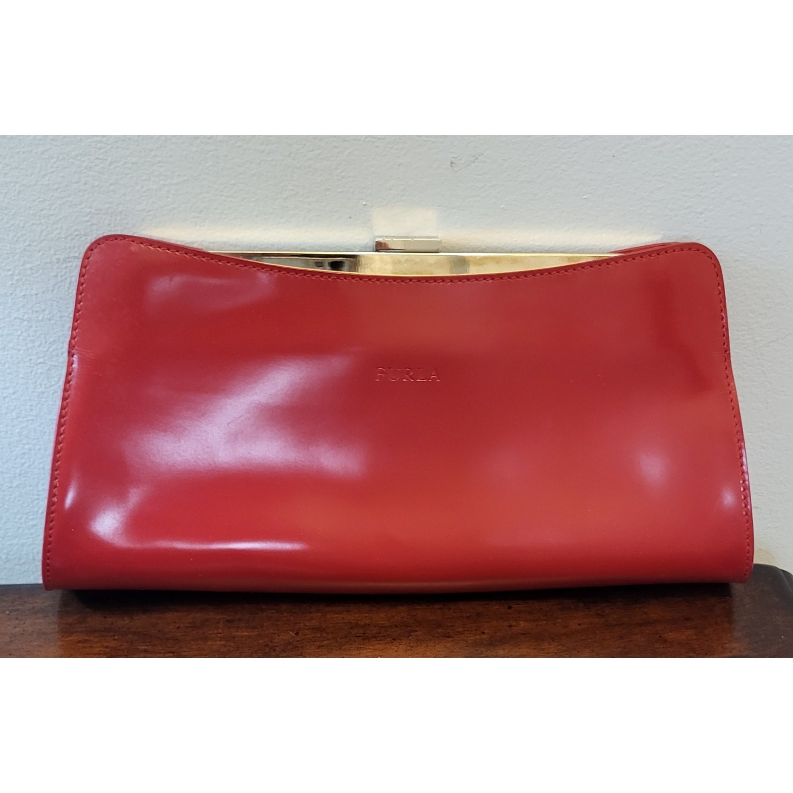 FURLA Red Leather Clutch Bag Women’s Luxury Designer Purse Evening Handbag