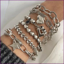 925 Sterling Silver Heart Chain Bracelet for Women Vintage Handmade GiftXL