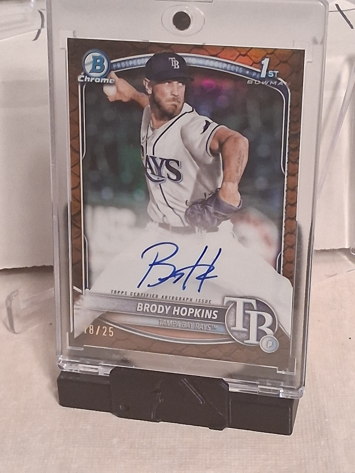 2025 Bowman Chrome Brody Hopkins 1st Auto Orange Reptilian /25 Tampa Bay Rays
