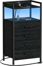 Night Stand with Charging Station, Black Nightstand with Drawers and Led Light,