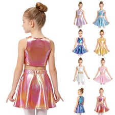 Kids Girls Set Cha-Cha Dancewear Competitions Outfit 2Pcs Dance Shiny Metallic