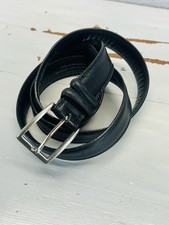 Black Full Grain Leather Belt Solid Brass Silver Toned Buckle Size 44 Hand Made