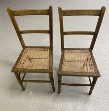 Pair of English Edwardian Antique Oak Wood & Rattan Bedroom Occasional Chairs