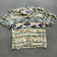 Vtg Palm Land Tropics Mens Hawaiian Shirt Button Up Surf Car Flower Size L Rayon