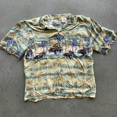 Vtg Palm Land Tropics Mens Hawaiian Shirt Button Up Surf Car Flower Size L Rayon