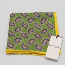 Roda NWT Viscose/Silk Blend Pocket Square In Green w/ Blue Yellow Paisley