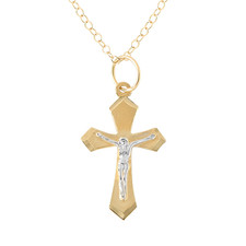 14K Yellow Gold Crucifix Pendant Necklace: Two-Tone Cross, 16" Cable Chain