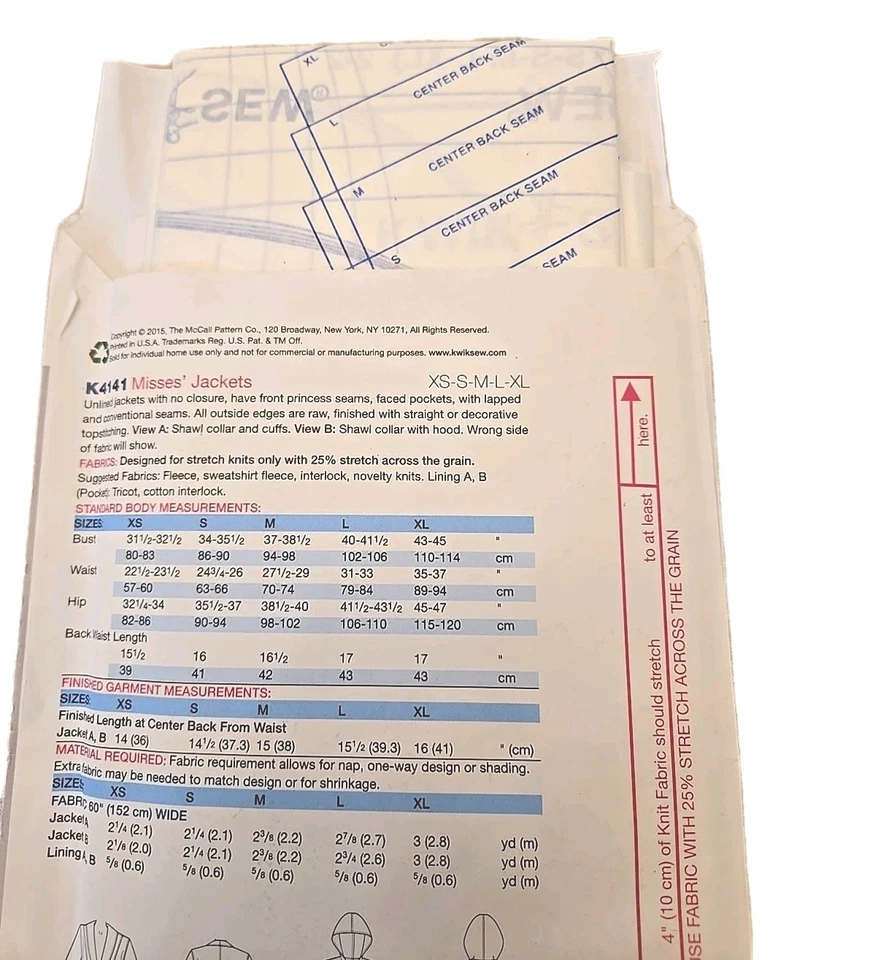 Kwik Sew K4141 By Kerstin Mastensson Misses' Jackets XS To XL Uncut - Image 3 of 3