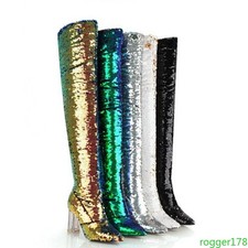 Stivali donna moda glitter paillettes tacco alto trasparente sopra il ginocchio scarpe festa